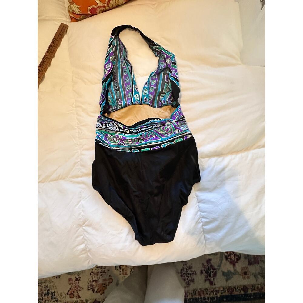 Vintage Catalina Women's Black Purple Halter Neck One Piece Swimsuit Size 10 - Picture 6 of 11